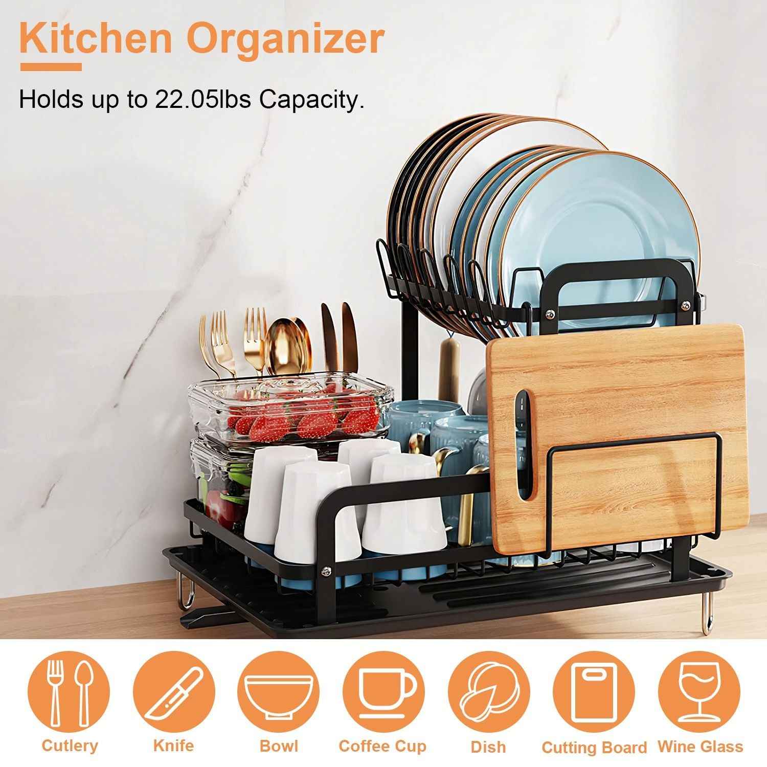 2-Tier Dish Drying Rack for Kitchen Counter Space Saving Rustproof Dish Rack with Drainboard Detachable Kitchen Drainer Organizer Set with Utensil Holder Bowl Rack Dish Rack Chopping Board Rack